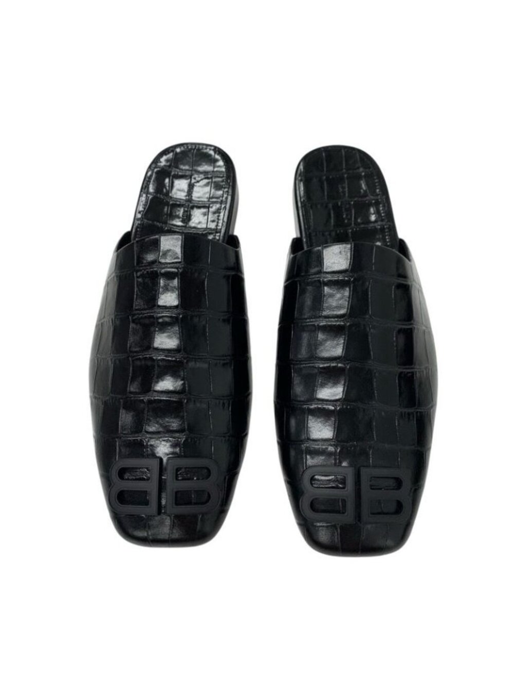 Balenciaga COSY BB Flat Shoes Leather Black Croco Shape Press Logo Mule - Picture 2 of 9